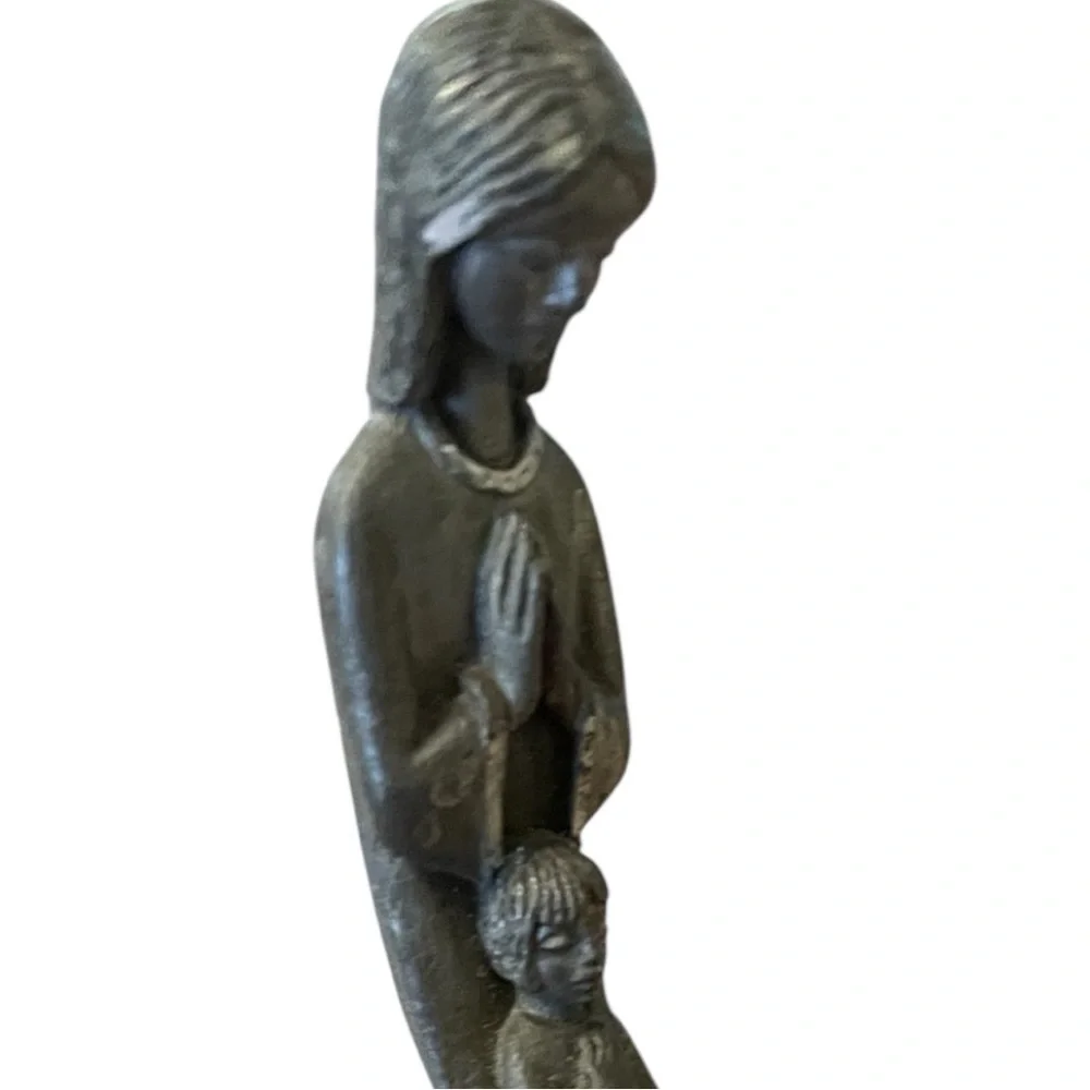 Miniature Madonna and Child, pewter on marble, stylized, excellent condition
